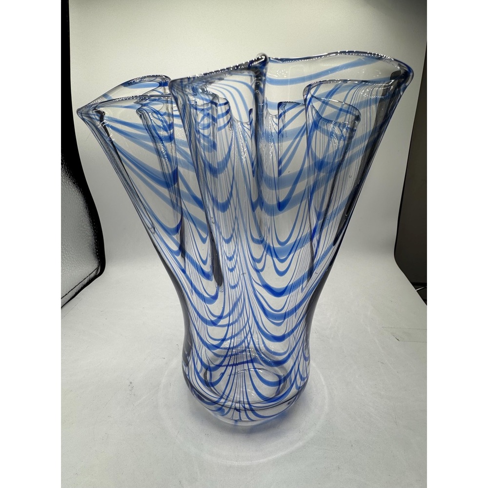 Hand Blown Italian‎ Art Glass Ruffled Handkerchief Vase Spiral Cobalt Blue 8"x4"